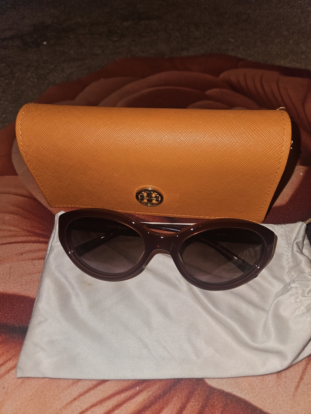 Tory Burch Orange Sunglass Case with Brown Frame Sunglasses